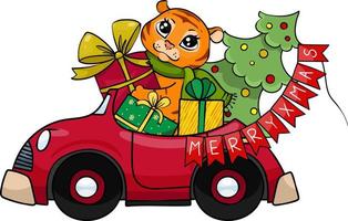 een schattig weinig tijger schijven een rood auto en draagt een Kerstmis boom met geschenken. nieuw jaar clip art. vector