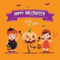 gelukkig halloween met gelukkig kinderen in duivel kostuum vector illustratie