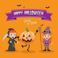 gelukkig halloween met gelukkig kinderen in maaimachine, heks kostuum vector illustratie