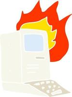 vlak kleur illustratie van een tekenfilm oud computer Aan brand vector