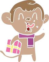 gekke platte kleurstijl cartoon aap met kerstcadeau vector