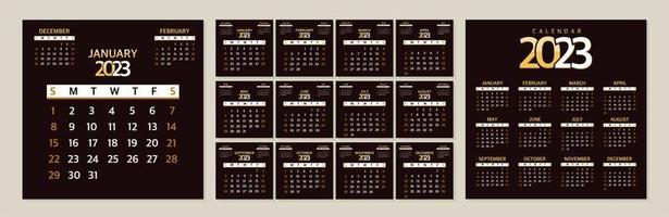 kalender 2023 ontwerper sjabloon, de begin van de week Aan zondag. vector illustratie Aan een zwart achtergrond