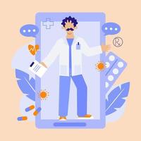 online voorschrift van dokter. dokter geeft voorschrift via smartphone. vector vlak illustratie in tekenfilm stijl.