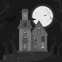 eng achtervolgd huis, halloween verschrikking huis. vector illustratie in vlak stijl. zwart en wit