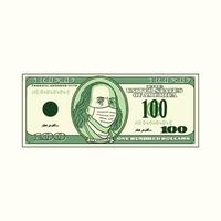 post covid economie concept. 100 dollars Bill met gezicht masker Aan. een tekenfilm vector illustratie van honderd dollar bank geld voor post covid economie