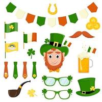 st. Patrick dag vector pictogrammen reeks geïsoleerd Aan een wit achtergrond. vlak stijl, tekenfilm stijl elementen, elf van Ierse folklore, bier, hoefijzer, munten, vlaggen, bril, Klaver, hoed, pijp.