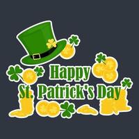 vector logo, sticker voor st. Patrick dag Aan de achtergrond van goud munten en klaver, Klaver samenstelling met een elf van Ierse folklore hoed, st. Patrick dag label. vector illustratie.