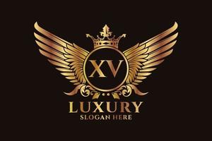 luxe Koninklijk vleugel brief xv kam goud kleur logo vector, zege logo, kam logo, vleugel logo, vector logo sjabloon.