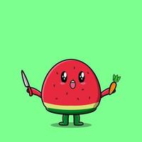 schattig tekenfilm watermeloen Holding mes en wortel vector