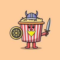 schattig tekenfilm popcorn viking piraat Holding zwaard vector