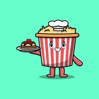 schattig tekenfilm chef popcorn portie taart Aan dienblad vector