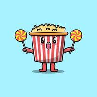schattig tekenfilm popcorn Holding lolly snoep vector