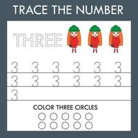 een spel van traceren de contouren van de aantal drie met poppen. peuter- werkblad, kinderen werkzaamheid vel, afdrukbare werkblad vector