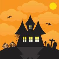 in halloween nacht zwart mysterieus huis dat looks paleis met donker lucht, de maan en oranje wolk, silhouet van knuppel. een begraafplaats met pompoenen in voorkant. voor schattig halloween kaart, spandoek. vector