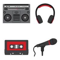 set van apparatuur voor het luisteren naar muziek, bandrecorder hoofdtelefoon microfoon cassette. vector