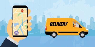 hand- Holding smartphone met een levering bestelwagen, tekenfilm Mens glimlach en het rijden een busje voor levering met geluk, voor online boodschappen doen logistiek en vervoer concept, voor levering toepassing vector