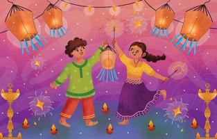 hand getekend kinderen en licht diwali feest vector