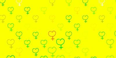 licht groente, geel vector backdrop met Dames macht symbolen.