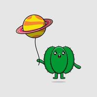 schattig tekenfilm cactus drijvend met planeet ballon vector