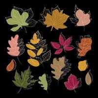 abstract herfst bladeren modern voering botanisch reeks vector illustratie Aan zwart . kleurrijk gebladerte, fabriek elementen bundel hand- getrokken. verschillend bladeren herfst.trendy gestileerde natuur decoratie