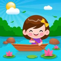 tekenfilm schattig weinig meisje rijden Aan boot Bij rivier- vector illustratie
