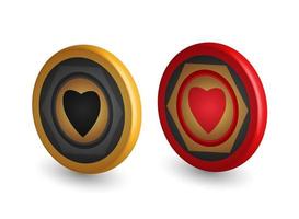 goud en rood poker chips, met hart symbool, spel ontwerp elementen, 3d vector illustratie,