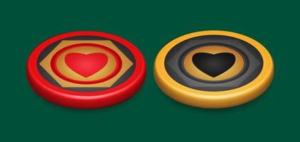 goud en rood poker chip, met hart symbool, spel ontwerp element, 3d vector illustratie