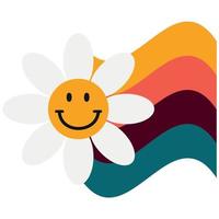 grappig bloem met emoji en regenboog in groovy stijl vector