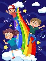 kinderen Aan regenboog in de lucht vector