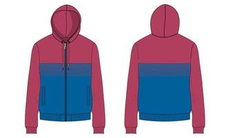 lange mouw hoodie technische mode platte schets vector illustratie sjabloon voor- en achterkant uitzicht.