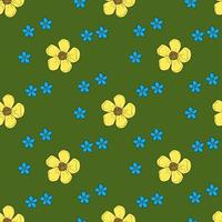 naadloos patroon met boterbloemen en vergeet me niet bloemen Aan groen achtergrond. vector afbeelding.