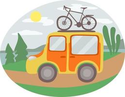 reizen busje met fiets Aan de top. familie zomer reizen concept. land landschap in de omgeving van.