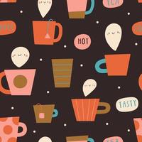 schattig naadloos patroon met verschillend koffie en thee kopjes. heet drank vector textuur. hand- getrokken smiley drankjes achtergrond
