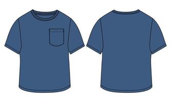 regelmatig fit kort mouw t-shirt technisch schetsen mode vlak sjabloon met ronde halslijn voorkant en terug visie. kleding kunst tekening vector illustratie eenvoudig kleding ontwerp bespotten omhoog.