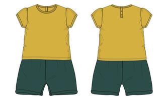 t-shirt tops en shorts jurk ontwerp technisch mode vlak schetsen vector illustratie sjabloon voor kinderen. kleding kleding bespotten omhoog cad voorkant en terug keer bekeken.