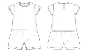 t-shirt tops en shorts jurk ontwerp technisch mode vlak schetsen vector illustratie sjabloon voor kinderen. kleding kleding bespotten omhoog cad voorkant en terug keer bekeken.
