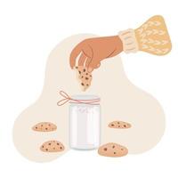vrouw hand- dompelen koekje in de melk vector