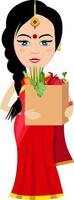 Indisch vrouw met voedsel , illustratie, vector Aan wit achtergrond.