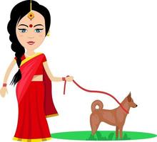 Indisch vrouw wandelen hond , illustratie, vector Aan wit achtergrond.