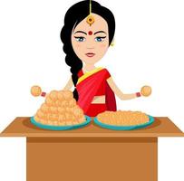 Indisch vrouw met koekjes , illustratie, vector Aan wit achtergrond.