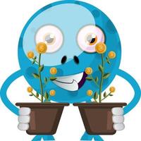 blauw monster met planten, illustratie, vector Aan wit achtergrond.