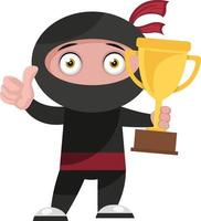 Ninja met trofee, illustratie, vector Aan wit achtergrond.