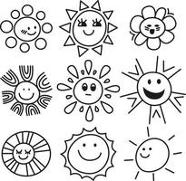 zon emoticons. grappig zomer zon, zonneschijn, baby, gelukkig ochtend- emoji. kinderen illustratie. tekenfilm zonnig glimlachen gezichten vector pictogrammen