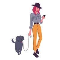 meisje wandelen haar hond. elegant vrouw in modieus kleren op zoek Bij haar telefoon vector
