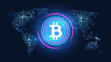 gloeiende bitcoin blockchain-technologie met wereldwijd concept vector