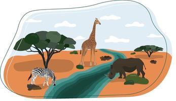 wild dieren in savanne. nijlpaard, zebra en giraffe. mooi illustratie in vlak stijl vector