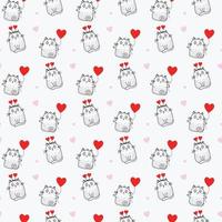 naadloos patronen. vakantie en schattig katten met rood ballon en hartvormig hoorns Aan wit achtergrond met roze harten. vector. lijn, schets. voor vakantie en valentijnsdag vector