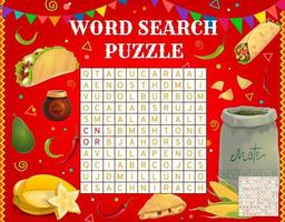 Mexicaans snel voedsel maaltijden woord zoeken puzzel spel vector