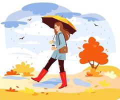 herfst park. een vrouw wandelingen in een herfst park onder de regen. een vrouw met een paraplu en koffie wandelingen in de park. tekenfilm vector illustratie