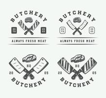 reeks van wijnoogst slagerij vlees, steak of bbq logo's, emblemen, insignes, etiketten. monochroom grafisch kunst. vector illustratie.